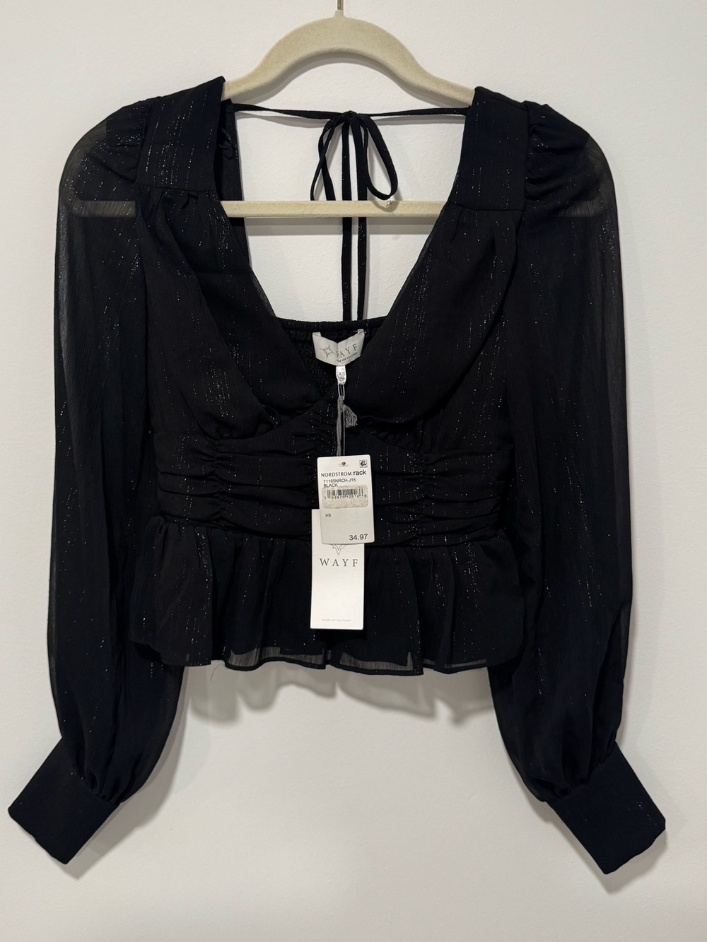 NWT Wayf Black Sparkle Sheer Top Tie Back Sz XS